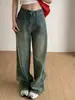 Jeans Novo Americano Retrô Azul Antigo Cintura Alta Perna Larga Feminino Versátil Calças de Chão Calças