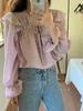 Tiro Real~Camisa Morada Taro de Encaje con Cordones, Mangas de Trompeta y Volantes, Nuevo Diseño Primavera y Otoño 2025 de Corea del Sur para Mujer