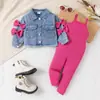 Chaqueta de Mezclilla para Niñas Europeas y Americanas Chaqueta de Otoño para Niños con Lazo Conjunto Versátil de Top y Mono con Tirantes