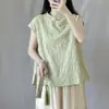 Nova camisa de verão feminina jacquard de algodão e linho sem mangas estilo vintage, corte solto com carcela diagonal e fechamento por botões, top curto tipo pullover para mulheres