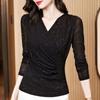 Camisa de Malha com Decote Cruzado para Mulheres 2023 Outono Novo Estilo Camiseta Interna de Manga Longa Top de Seda Brilhante Camisa Estilo Ocidental