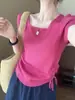 Estilo Casual Gola Quadrada Cordão Mangas Curtas em Ambos os Lados Verão 2025 Novo Estilo Coreano Casual Elegante Cor Lisa Camiseta Top