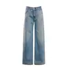 Jeans feminino transfronteiriço 2026, perna larga solta, fluido, bordado, lavado, azul vintage, calça comprida, azul, comprimento estendido, Yichun