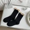 Calcetines de media pantorrilla para mujer para primavera y otoño con encaje, rayas verticales sin costuras, color liso, estilo coreano, Rojo Angora Ins, Calcetines holgados de moda, Algodón