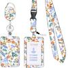 Fivela retrátil de liga de zinco branca em formato de borboleta, fácil de puxar, cordão de poliéster com estampa floral pequena, porta-crachá