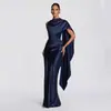 Vestido de Noite Europeu e Americano Feminino de Um Ombro com Manga Fluida Cintura Marcada Cauda de Peixe Traje para Banquete e Brinde Vestido de Noite para Anfitriã Azul