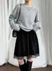 Saia Patchwork Luxi Veludo Renda Estilo Coreano Retrô para Mulheres, Nova Saia de Cintura Alta Elástica Slim-Fit Linha A Inverno 2166