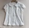 Camisa estilo coreano com gola boneca, nova camisa de verão com manga curta e detalhes em renda, linda para fotos, única e diferente de todas as outras