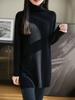 Vestido de suéter interno solto com gola alta de lã 100, outono e inverno feminino, 2024, suéter de lã de comprimento médio e espessado com fios duplos