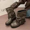 Botines retro western de piel de vaca con textura, que aumentan la altura, nuevo estilo otoño e invierno 2026, tacón grueso, botas plisadas apiladas, botas para pierna de pantalón de equitación