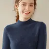 Suéter de punto de manga larga para mujer, color liso, cachemir, cuello semi alto, ajuste ceñido, versátil, capa base