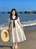 Vestido de Verano para Niñas 2026 Cuello Marinero Estilo Coreano Estilo Academia Manga Abullonada Niños Medianos y Grandes Holgado Línea A Vestido Largo