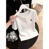 Camiseta de Manga Corta de Punto de Seda de Hielo Blanca Sencilla y Elegante, Versátil, Cuello Redondo, Media Botonadura para Mujer, Nuevo Estilo Primavera/Verano, Ropa Interior de Moda