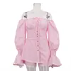 Top Tubo con Empalme de Encaje y Cuello de Una Sola Línea Mangas de Trompeta Shorts Traje de Dos Piezas Estilo Europeo y Americano Sexy Moda Chica Caliente