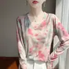 Top de punto con cuello en V estampado Lyocell Tencel, Nuevo jersey ligero de manga larga para primavera/verano para mujer
