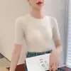 Outono novo suéter de malha feminino gola redonda manga curta slim fit sem costura atacado para exportação
