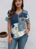 2026 Nova Roupa Feminina Transfronteiriça de Verão Camiseta de Manga Curta com Decote V Estampa Jeans Top Casual Solto Emagrecedor para Mulheres