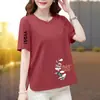 Camiseta de Manga Curta para Comércio Exterior Transfronteiriço para Mulheres 2026 Novo Estilo Assimetrica Estampada Gola Redonda para Mães Parecerem Mais Jovens e Magras