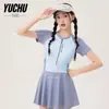 Traje de Baño Estilo Falda Color Block Azul Claro Nuevo 2026 para Mujer Manga Corta Conservador Ajuste Delgado Playa Aguas Termales Vacaciones Traje de Baño