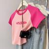 Camiseta de manga corta de algodón con bordado de letras y mangas raglán a juego de colores, estilo coreano, para mujer, combina con todo, a la moda.