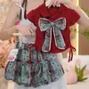 Conjunto de Ropa de Verano para Niñas Pantalón Flor de Capullo Nuevo de Verano para Niñas Pantalón Cargo de Punto Elegante Manga Corta Conjunto de Dos Piezas