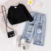 26 Conjunto de Ropa Infantil de Primavera Nuevo y de Moda Europeo y Americano Color Sólido Sudadera con Cuello Redondo Pantalones Rectos Rasgados Estampados