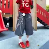 Verano Americano Azul Retro Desgastado Divertido Cadena Cintura Alta Estampado Pantalones Cortos Mujer Calle Americana Pantalón Siete Puntos Moderno