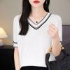 Camiseta de Manga Corta con Cuello en V para Mujer Verano Nueva Camiseta Fina para Mujer con Escote Corazón Manga Media Tejido de Imitación Lana