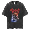 Camiseta Vintage Lavada com Estampa de Anime 230g Algodão Puro Camiseta Logo Personalizado Moda de Rua Gola Redonda Manga Curta Camiseta Masculina