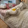 Conjunto de cama de quatro peças em algodão puro lavado, estilo ins de luxo leve, com bordas em concha e listras xadrez, adequado para dormitórios estudantis, conjunto de três peças