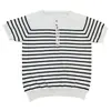 26 Moda Feminina Nova Estilo Primavera e Verão Simples Listrado Botões Gola Redonda Solto Casual Algodão Pulôver Tricô Manga Curta