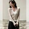 Top de Punto de Manga Larga con Bloques de Color de Otoño Temprano, Cuello Halter, Falso Dos Piezas, Diseño Coreano para Mujer, Delgado, Único, Hermoso, con Temperamento