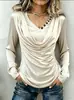 Colección de otoño 2026 nueva, transfronteriza, estilo europeo, americano y asiático: Camiseta de mujer de alta gama, satinada, con botones asimétricos, cuello con volantes, manga larga