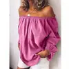 Camisa Feminina Manga Longa Cor Sólida Algodão-Linho Elástico Franzido Ombro a Ombro 2026 em Estoque, Tamanho Grande Europeu e Americano Corte Solto