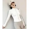 Chaqueta deportiva simple y elegante para mujer con cuello alto, cierre de cremallera, cintura entallada, alta elasticidad, tacto como de segunda piel, mangas con orificio para el pulgar, adecuada para figuras petite, uso en interiores