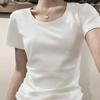Camiseta de Manga Corta con Cuello Redondo y Hombro Recto para Mujer, Nuevo Estilo Verano 2026, Ropa Interior Lisa Estilo Americano, Corte Ajustado, Top Corto Sencillo y Adelgazante