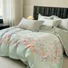 Juego de cuatro piezas de algodón 100% de fibra larga, grosor aumentado, cepillado, con estampado floral grande, de alta gama, que incluye funda de edredón, sábana bajera y ropa de cama