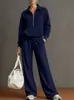 Nueva Ropa Femenina Transfronteriza Europea y Americana Otoño/Invierno 2026: Conjunto de Dos Piezas para Mujer: Sudadera con Cuello Camisero y Media Cremallera y Pantalones Casuales Anchos