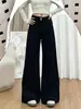 Jeans pretos de cintura alta, corte solto, estilo americano, perna larga, para mulheres, uma nova coleção de outono projetada para valorizar uma silhueta tipo pera, com um design fluido e comprimento até o chão