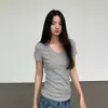 Camiseta Nantao de Manga Corta con Cuello en V para Mujer 2026 Nuevo Estilo Ajustada Ceñida a la Cintura Efecto Plisado Adelgazante Sencilla Capa Base