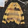 Suéter Tricot Americano Retro Chic Color Block com Gola para Homens e Mulheres, Caimento Solto, Suéter Pulôver Casual para Outono