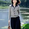 Ponto de Venda Produtos Europeus Balcão Liquidação Quente Cor de Outono Color Blocking Gola Lapela Tricô Top Calça Cropped Cintura Elástica Conjunto para Mulheres