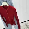 Cardigan Leve de Tricô com Costelas para Marcar a Cintura Feminino, Design Estilo Francês, Top Base Vermelho Slim-Fit para Primavera