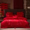 Set de Boda de Algodón con Bordado de Dragón y Fénix Juego de Varias Piezas Habitación de Boda Set de Cuatro Piezas de Algodón de Fibra Larga Ropa de Cama Festiva Roja para Boda