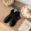 Meias de Lã Estilo Coreano para Mulheres, Meias de Cano Médio com Estampa de Animais Flocados em Desenho Animado, Novas Meias Slouch Color-Blocking de Outono e Inverno, Meias Cinzas