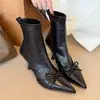 Botines de tacón alto con lazo, botines cortos de mujer, botines de cuero para primavera y otoño, punta fina, estilo nuevo botines sencillos 2026, tela delgada de moda imitación