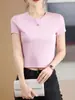 Camiseta de color liso con cuello redondo para mujer, manga corta de algodón mercerizado, base, manga media, corte ajustado, adelgazante, para el trabajo, primavera y verano, nueva, manga corta