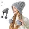 Gorro de punto grueso de piel de conejo con tres pompones de cuadros de buena calidad, forro polar, cálido para exteriores, gorro de punto con pompón, fábrica