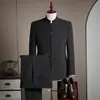 Estilo Chino Nuevo Estilo Chino Hebilla de Metal Traje Traje Hombres Gama Alta Negro Cuello Alto Cheongsam Boda Compromiso Traje