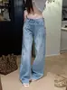 Jeans unisex de pierna ancha, rectos, de ajuste holgado, adelgazantes, de longitud hasta el suelo, con estampado de estrellas retro americano transfronterizo, adornados con pedrería